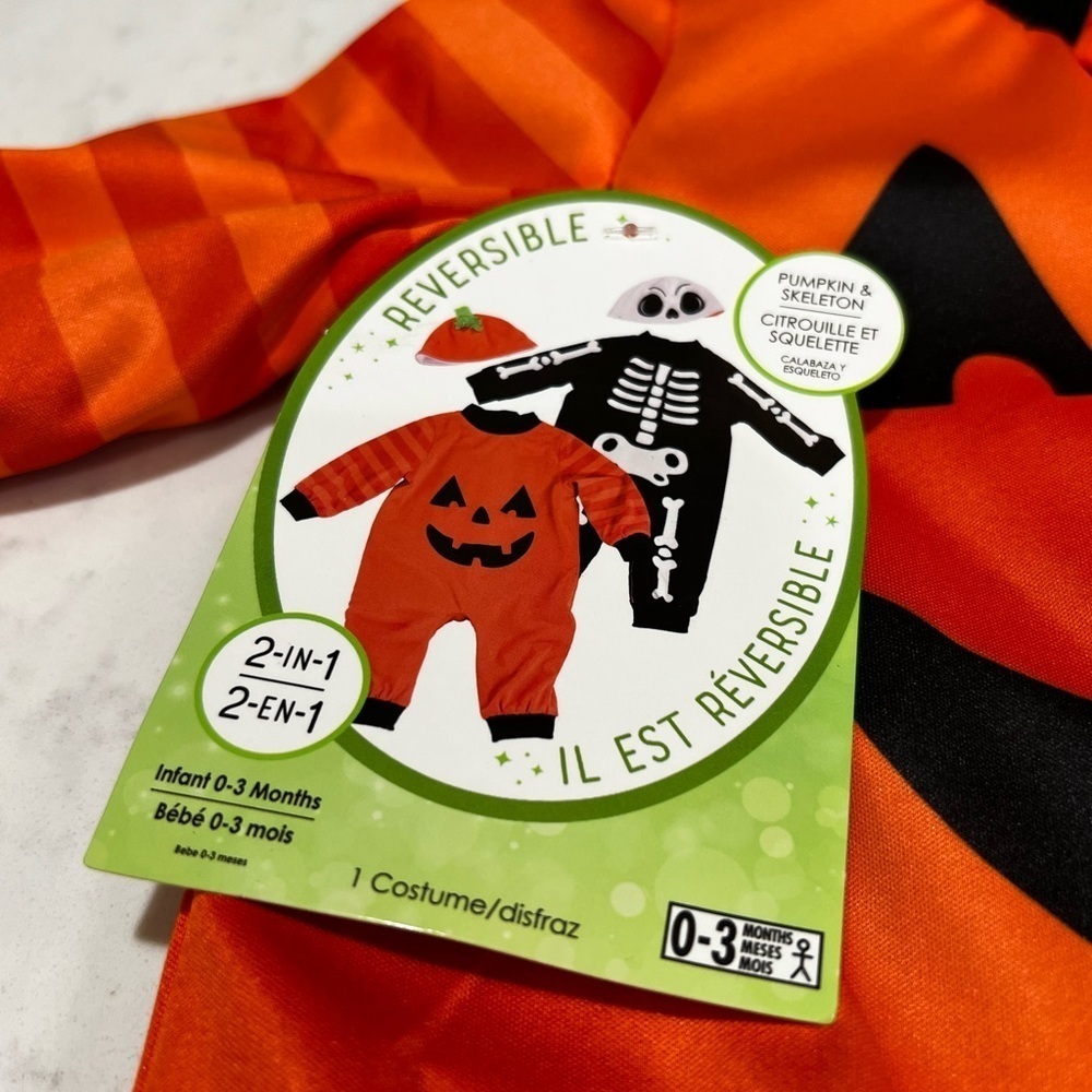 ORANGE AND BLACK PUMPKIN AND SKELATON REVERSIBLE COSTUME FOR KIDS - Picture 7 of 12